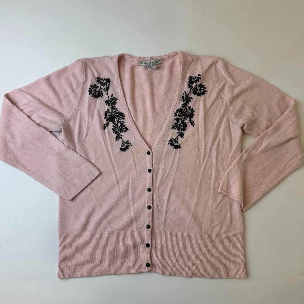Requirements Cardigan Sweater Womens Large Pink Beaded Floral Button Front Knit
